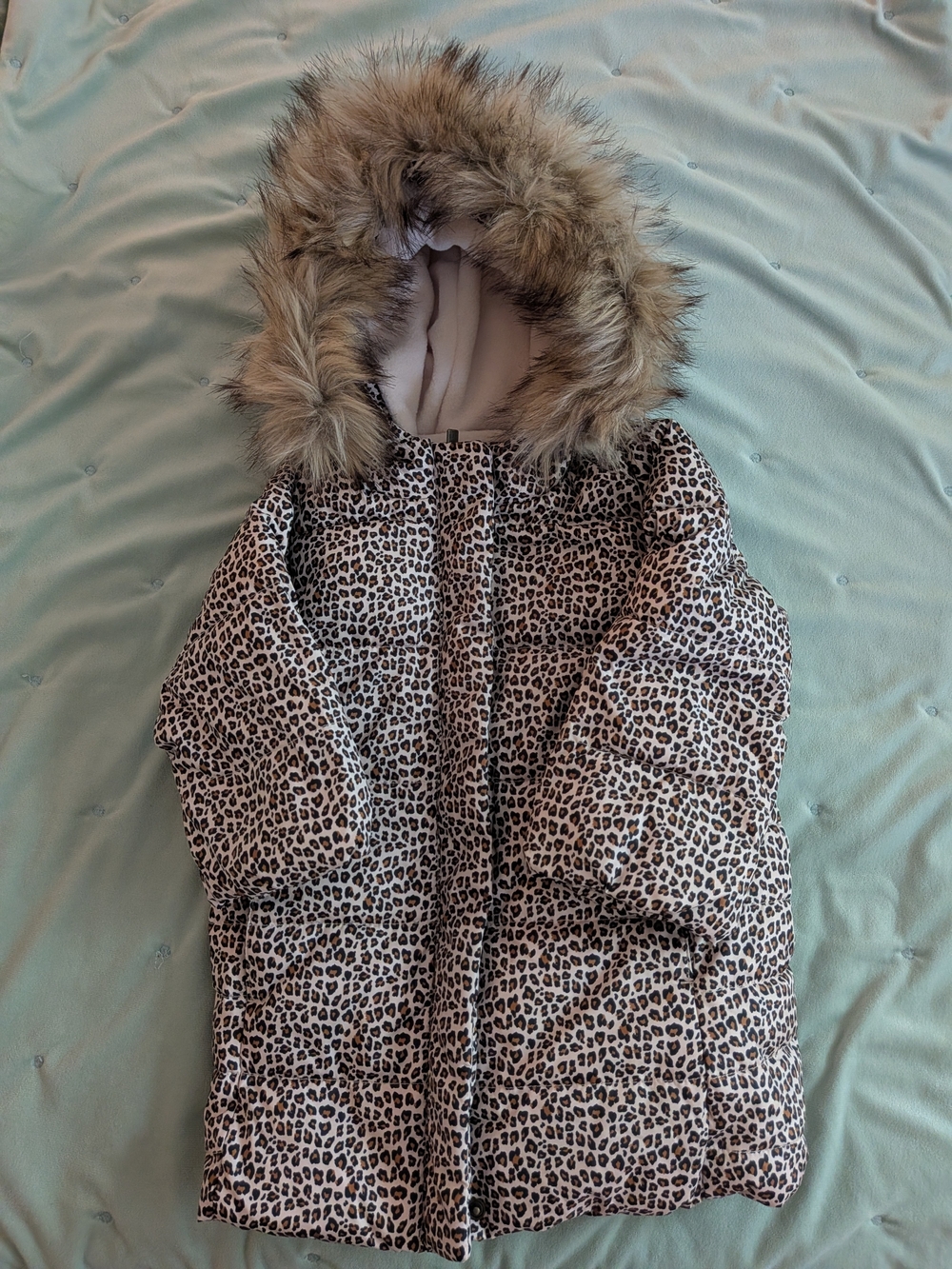 GAP Girls Leopard Print Puffer Jacket with Faux Fur Hood - Brown & Black